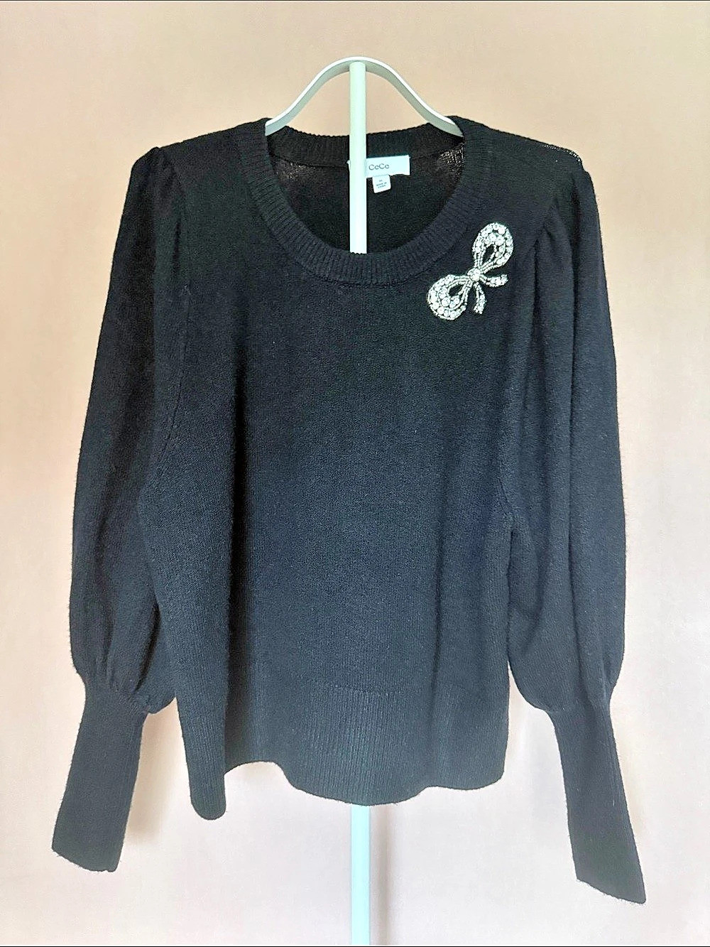 CeCe Rhinestone Bow Appliqué Sweater Black Sweater Size XL
